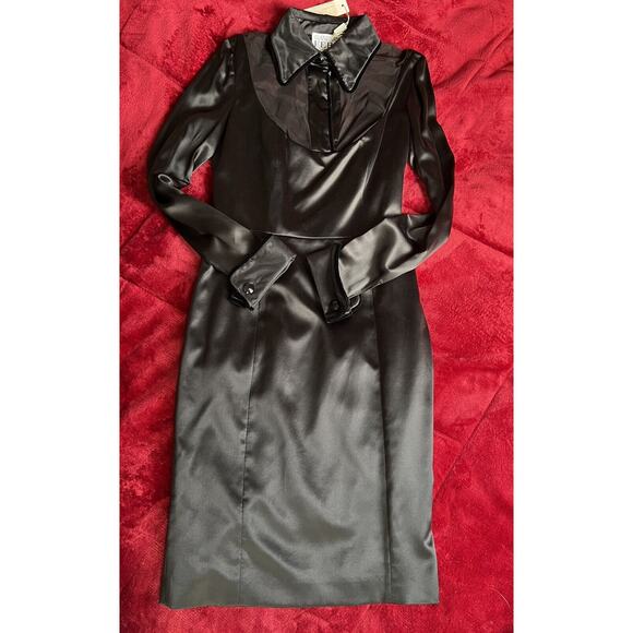 Vintage Gianfranco Ferre Dress 40 Black Satin Lg Sleeve Illusion Whimsigoth Goth - Picture 5 of 9